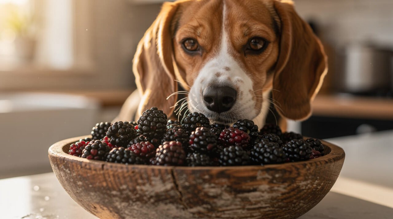dog sniffing a bowl of fresh blackberries
