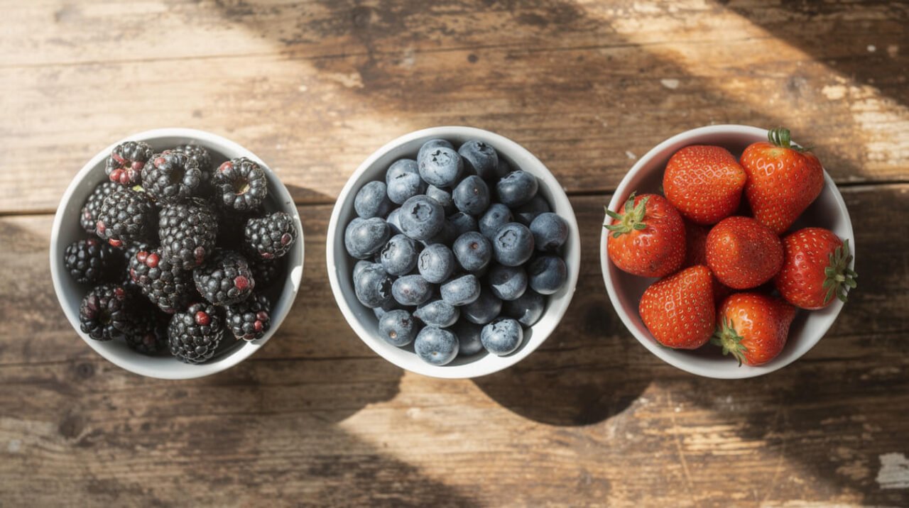 assortment of blackberries, blueberries, and strawberries safe for dogs