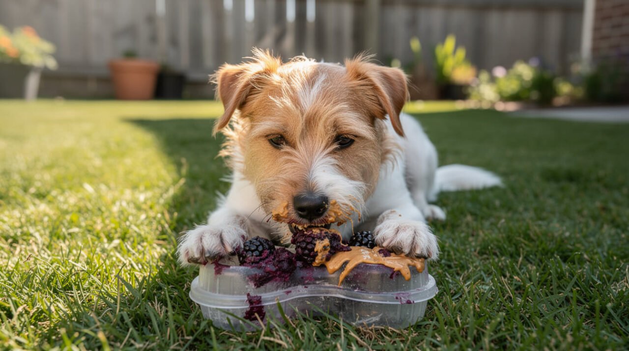 dog working a frozen blackberry treat out of a puzzle toy