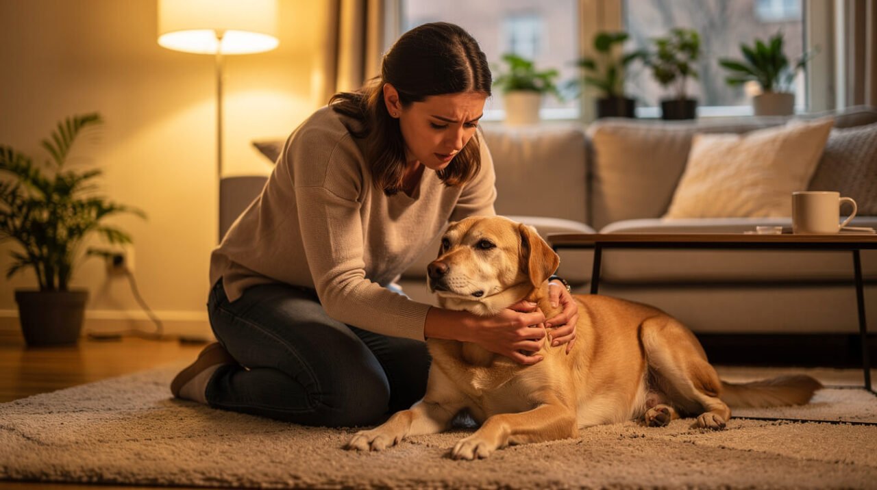 concerned dog owner checking on their dog after a treat