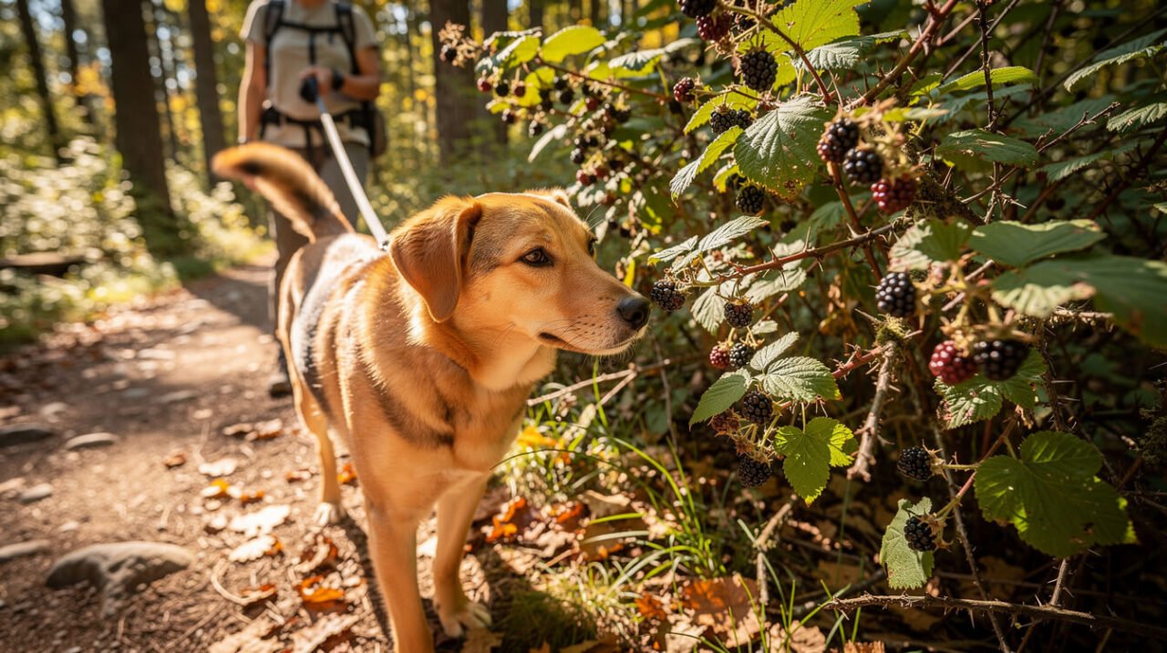 dog walking near a wild blackberry bush on a trail