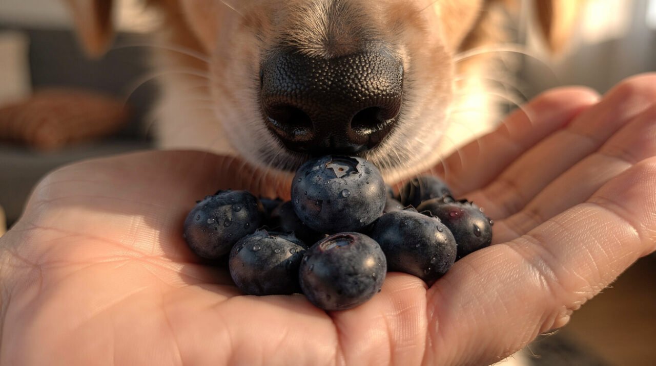 A dog sniffing a handful of fresh blueberries held out in an open palm