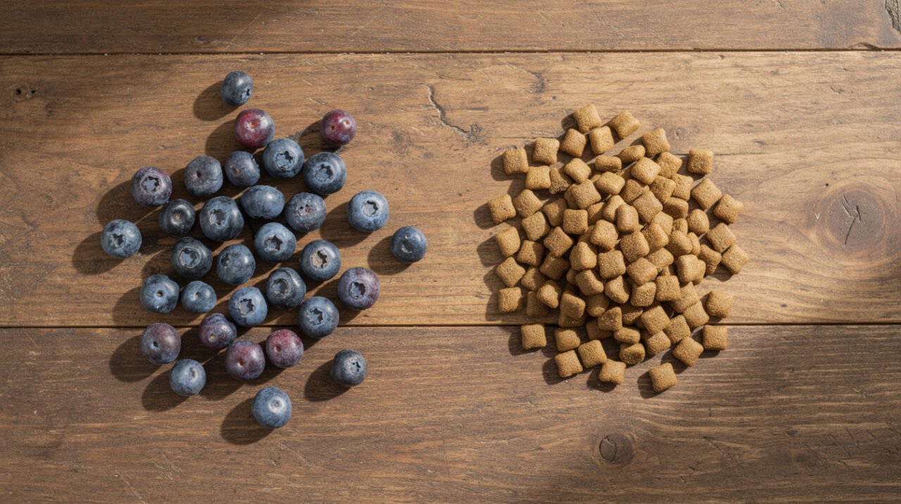 Fresh blueberries scattered next to a small pile of dog kibble on a wooden table