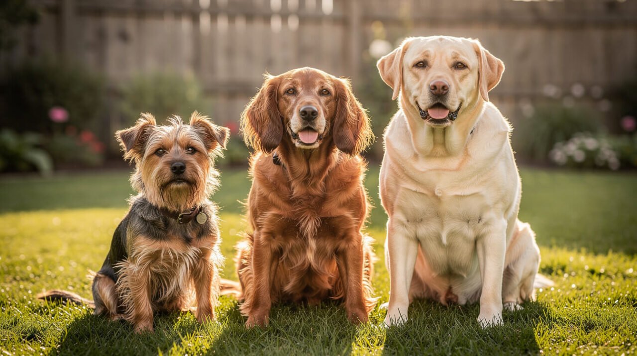 A small terrier, a medium spaniel, and a large labrador sitting together in a backyard