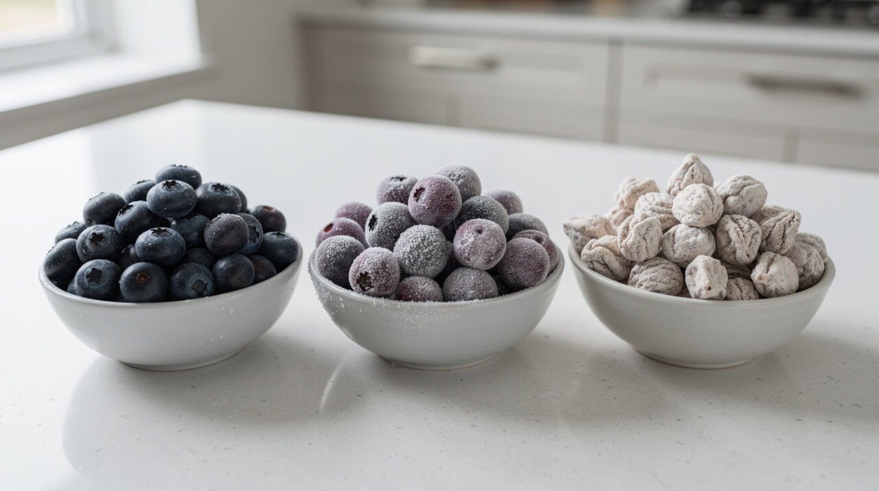 Fresh, frozen, and freeze-dried blueberries in three small bowls side by side