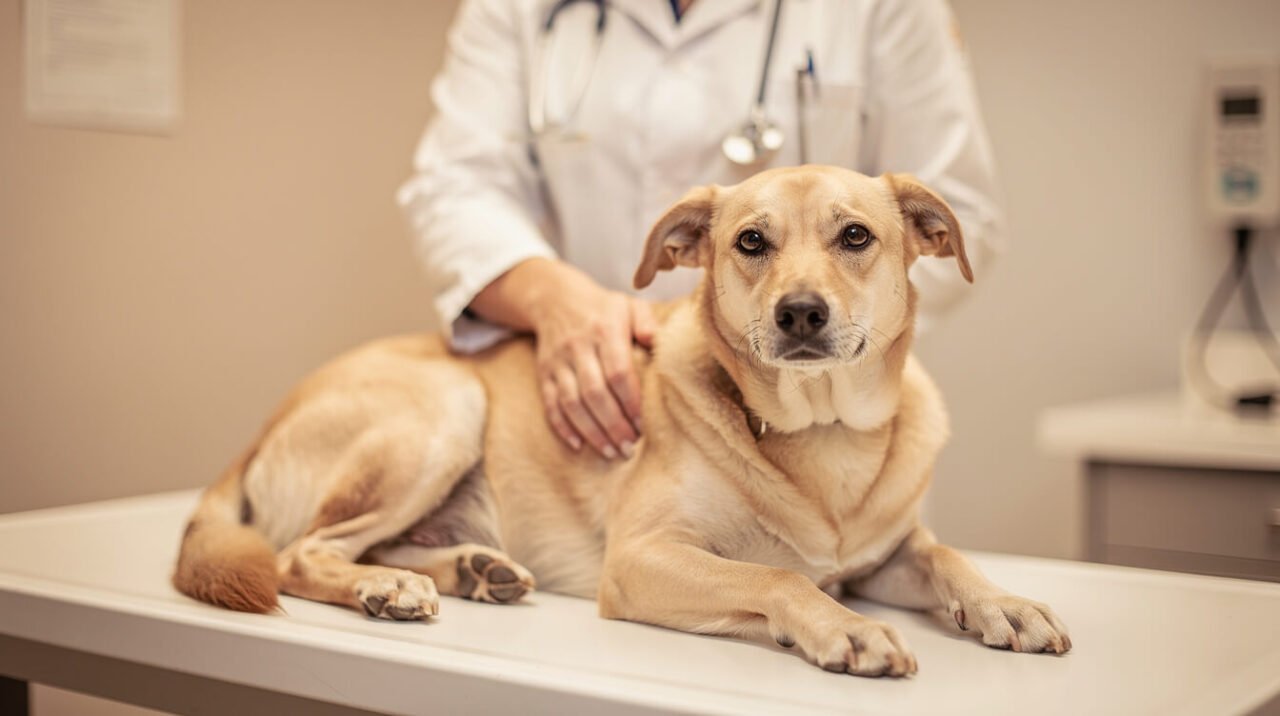 A veterinarian gently examining a calm dog on an exam table