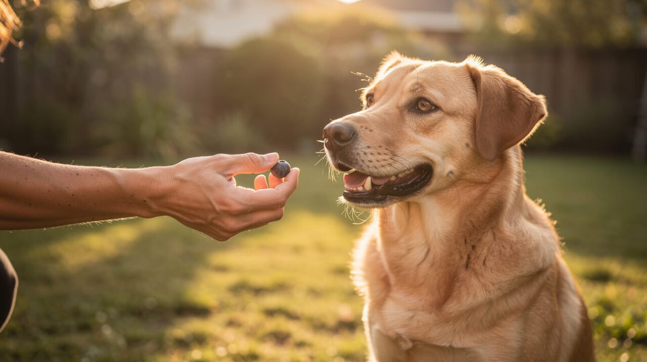 A person's hand offering a single blueberry to a happy, relaxed dog outdoors