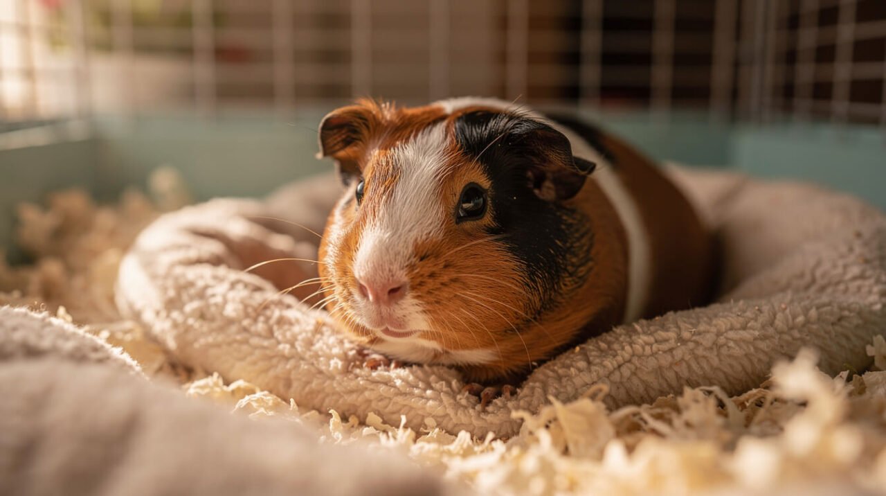 guinea pig looking uncomfortable after eating too much broccoli