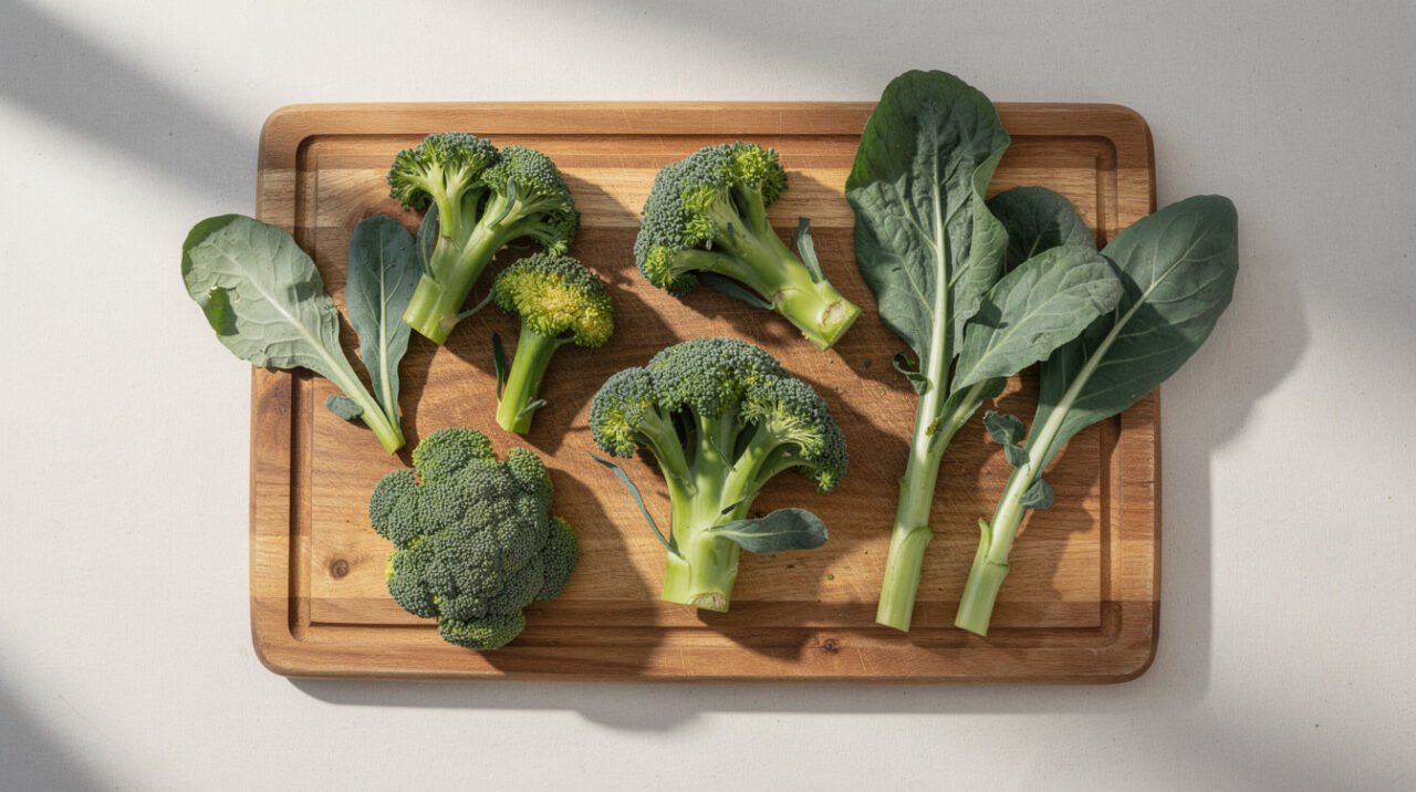 broccoli florets and stems on a cutting board for guinea pig feeding