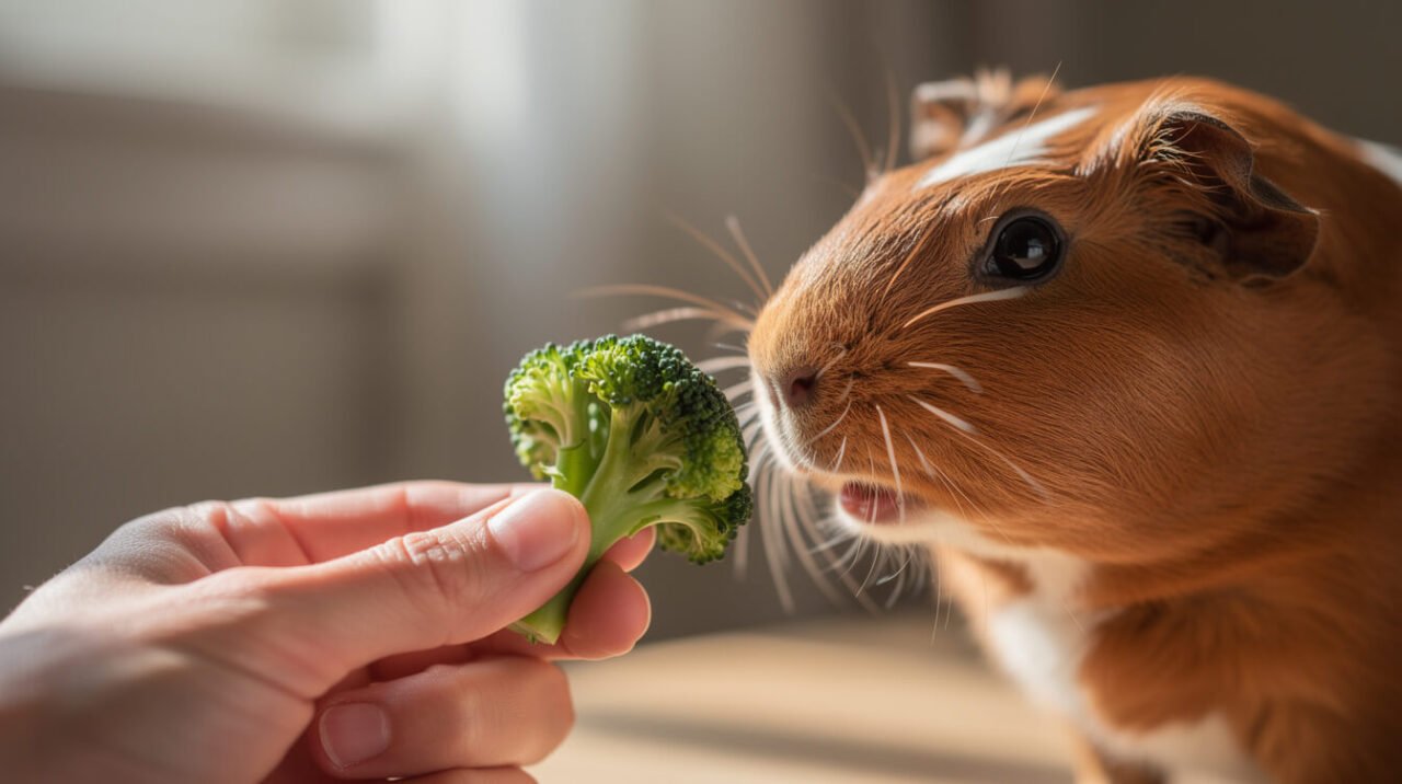 guinea pig cautiously sniffing a small piece of broccoli for the first time