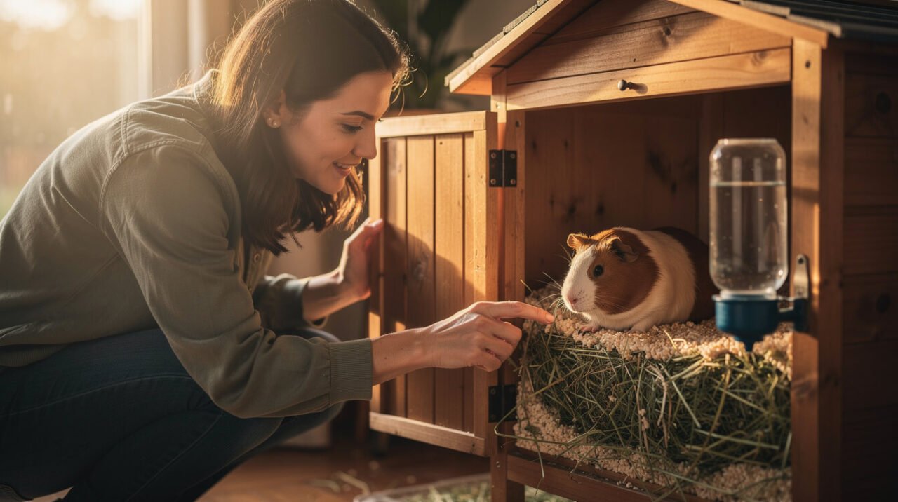 owner checking on their guinea pig for signs of digestive discomfort