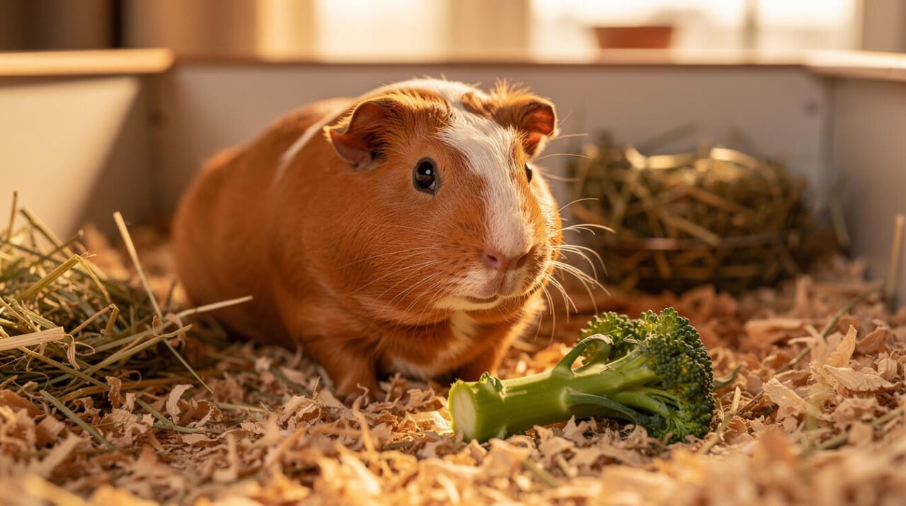 guinea pig with a small piece of broccoli stem in a hutch