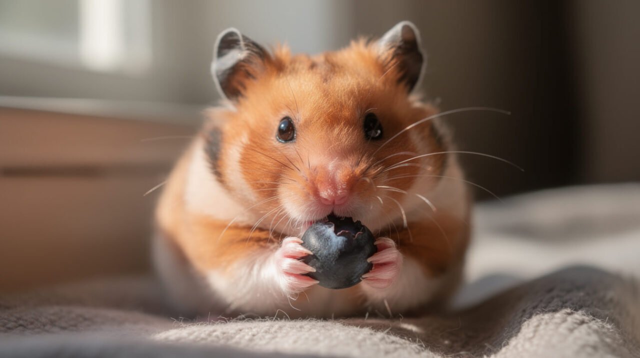 hamster nibbling a small piece of fresh blueberry