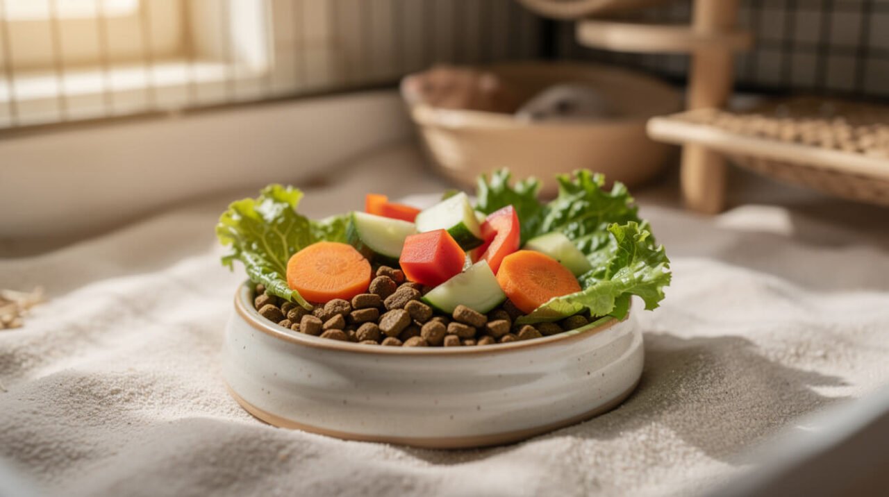 hamster food bowl with fresh vegetables and a small dish of hamster pellets