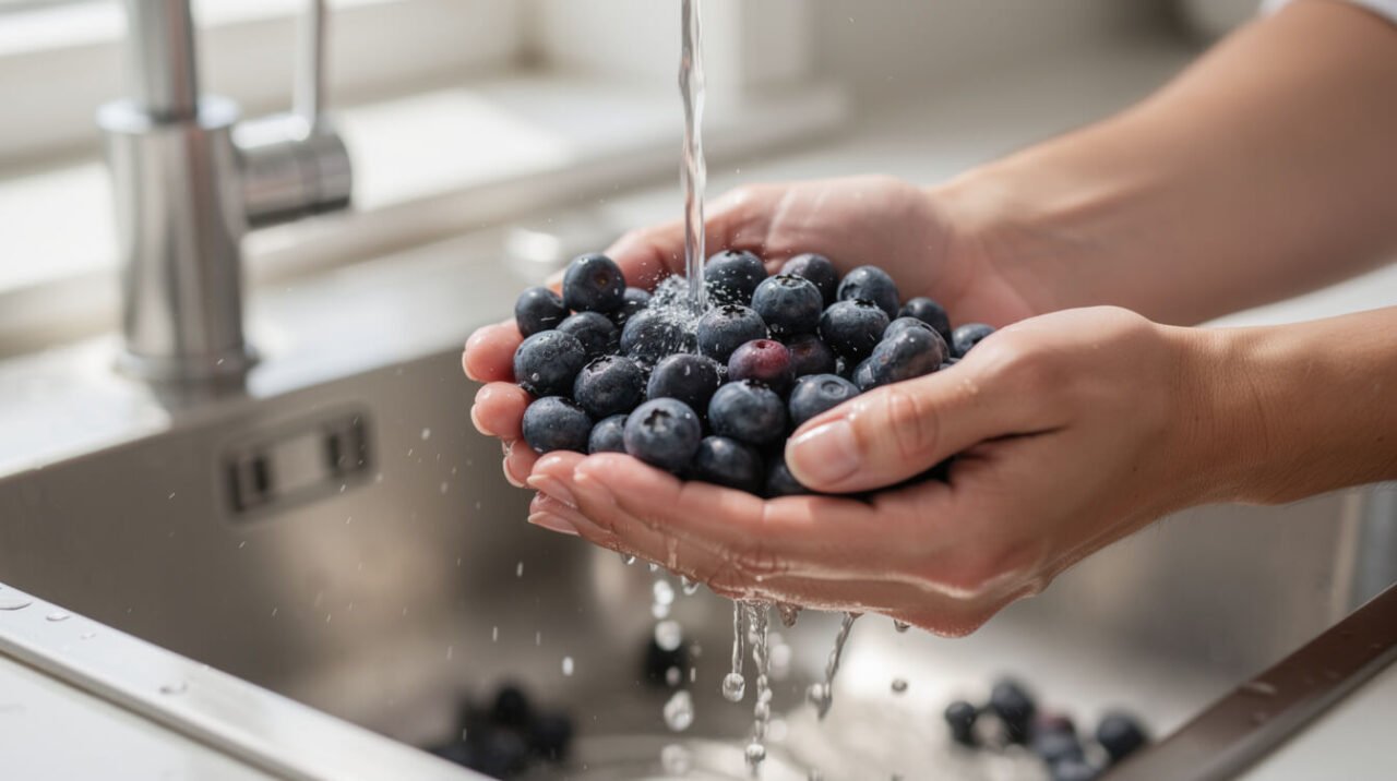 fresh blueberries being rinsed under running water