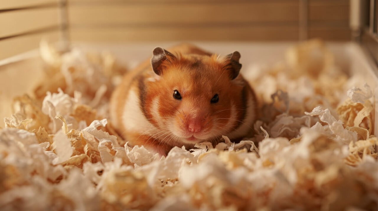 a hamster resting calmly inside a clean, cozy enclosure