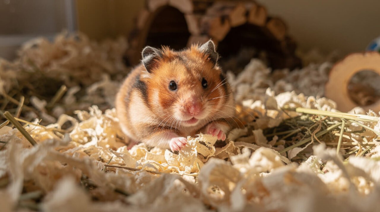 hamster foraging through bedding and enrichment materials in its enclosure