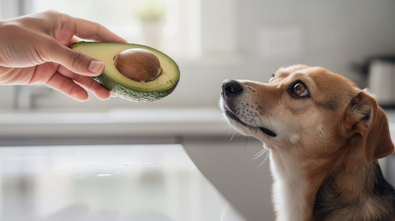 can my dog eat avocado - dog sniffing a sliced avocado on a kitchen counter