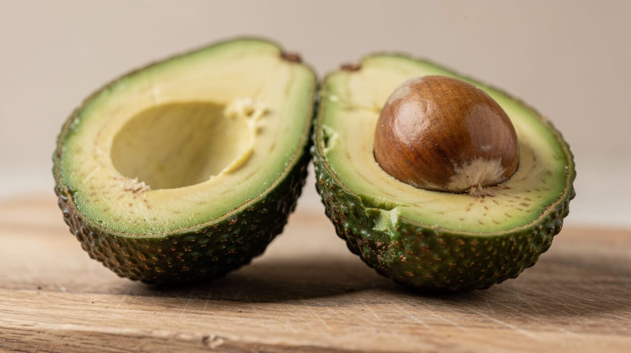 whole and halved avocado on a wooden board illustrating the pit and skin