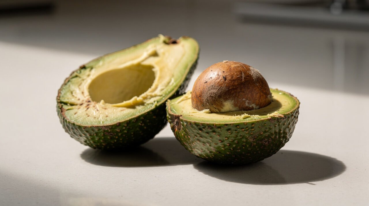 avocado pit next to peeled skin, showing the parts most dangerous to dogs