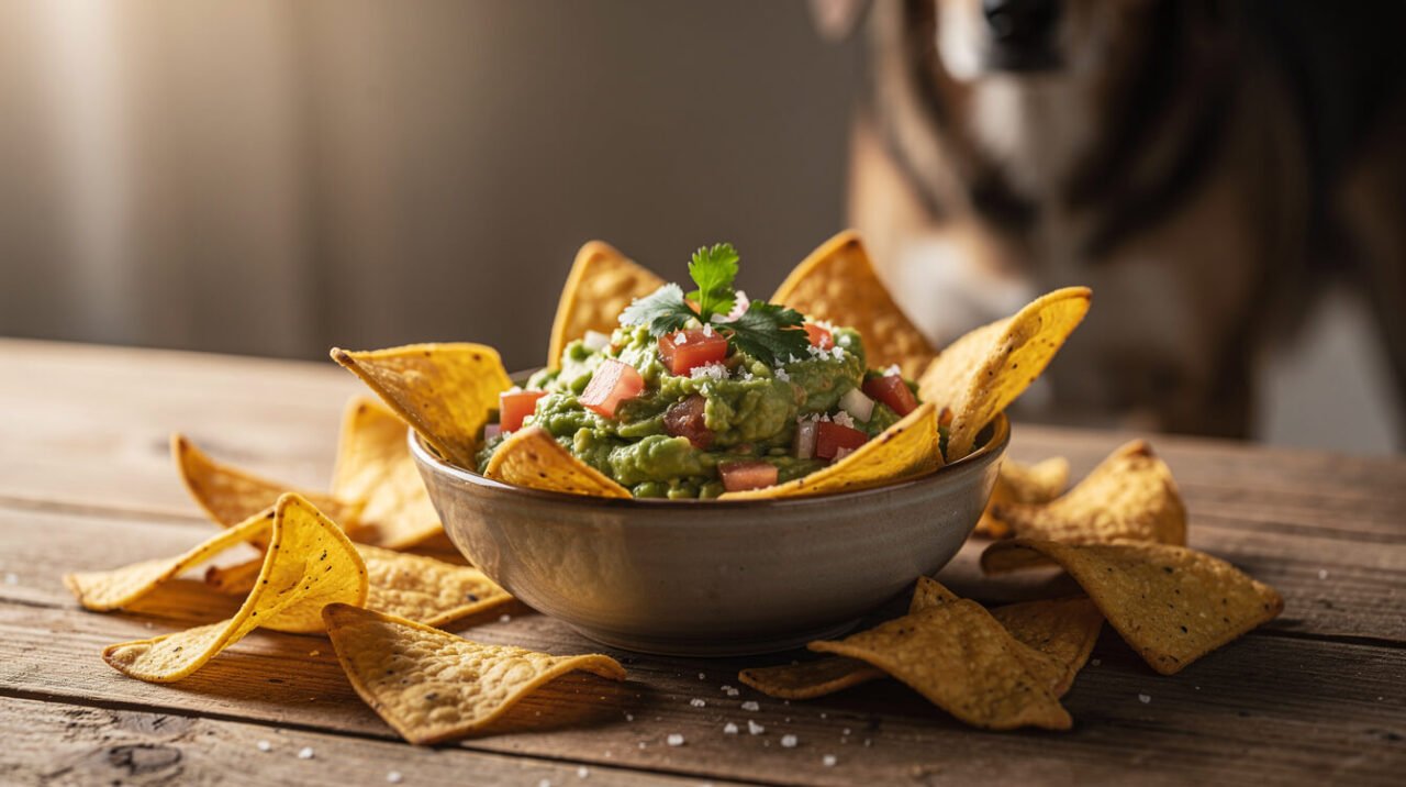 bowl of guacamole with tortilla chips on a table, a common way dogs are exposed to avocado