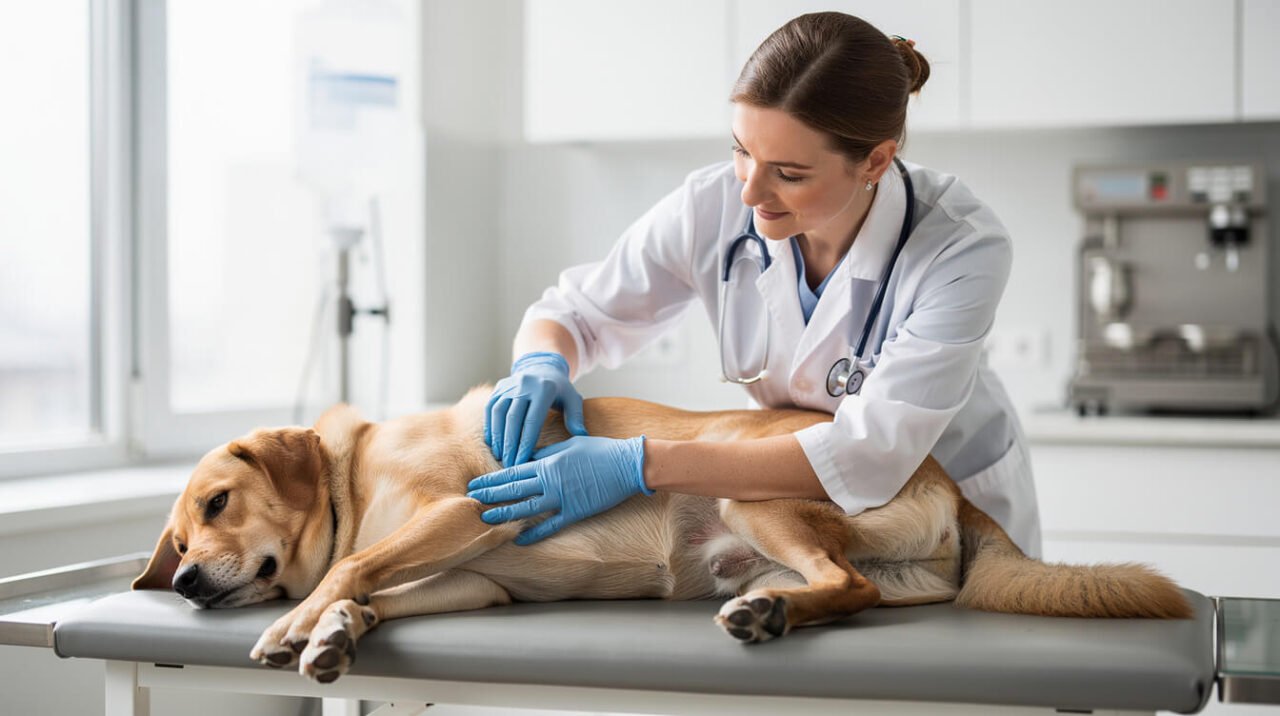 veterinarian gently examining a dog's abdomen, representing the pancreatitis risk from high-fat foods