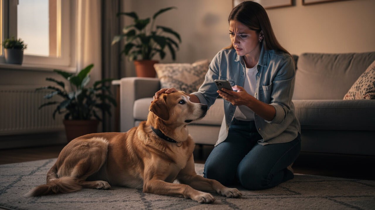 worried owner checking on their dog after the dog got into avocado, phone in hand ready to call the vet