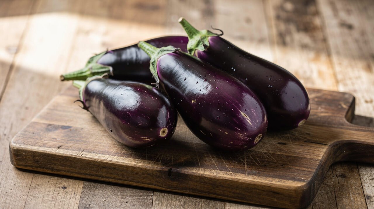 fresh purple eggplants on a wooden cutting board