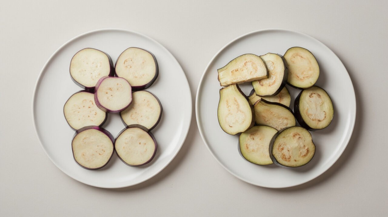 sliced raw eggplant next to cooked eggplant pieces on a plate