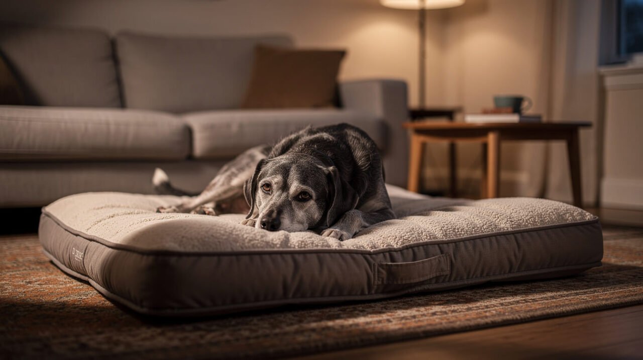senior dog with arthritis resting comfortably on a dog bed