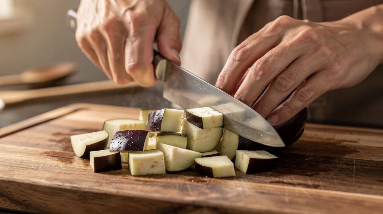 hands dicing cooked eggplant into small bite-sized pieces for a dog