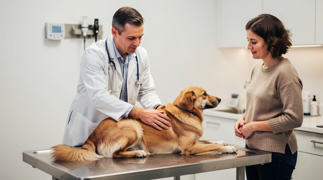 dog owner checking in with veterinarian about dog's diet