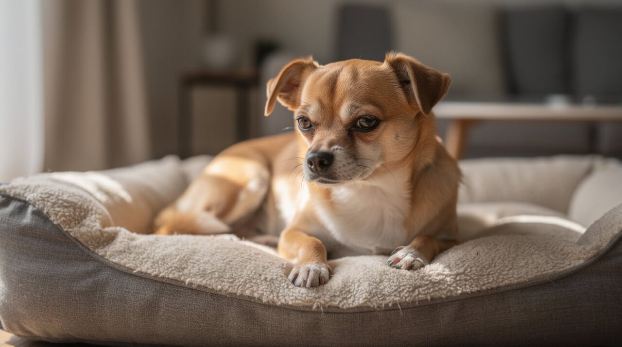 dog looking uncomfortable resting on floor