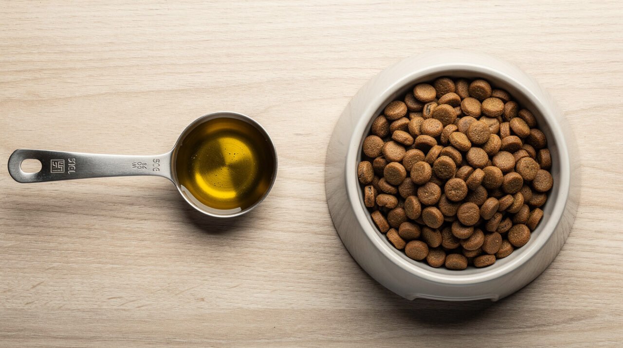 measuring spoon with olive oil next to dog food bowl