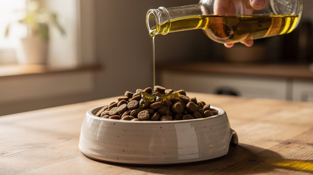 dog food bowl with kibble and a drizzle of olive oil