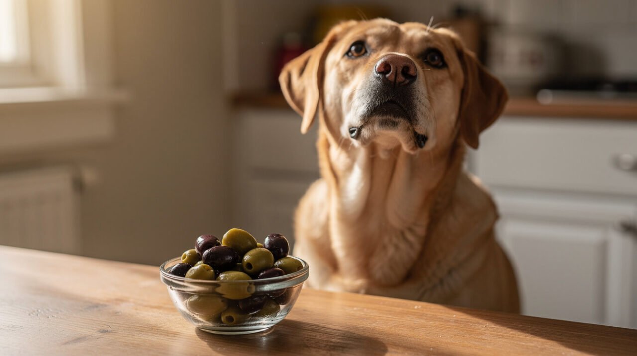 bowl of brined olives next to dog
