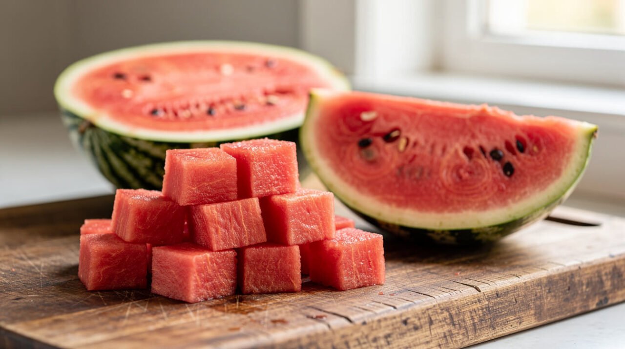 fresh watermelon cubes cut on a wooden cutting board