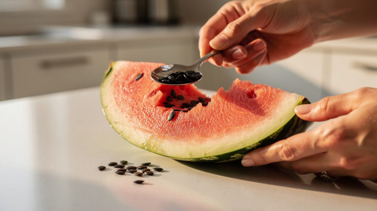 removing watermelon seeds from a slice before feeding to a dog