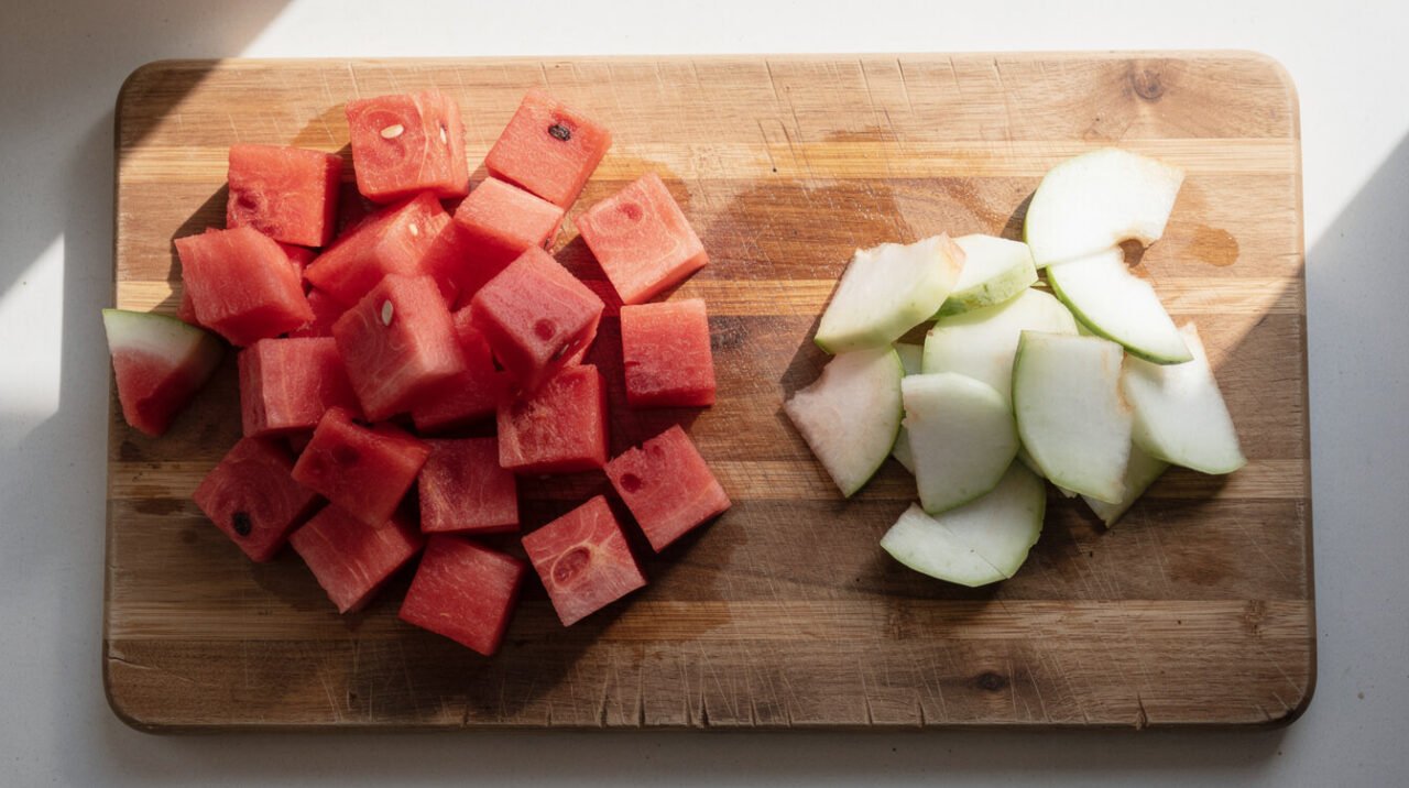 seedless watermelon cubes next to discarded rind on a cutting board