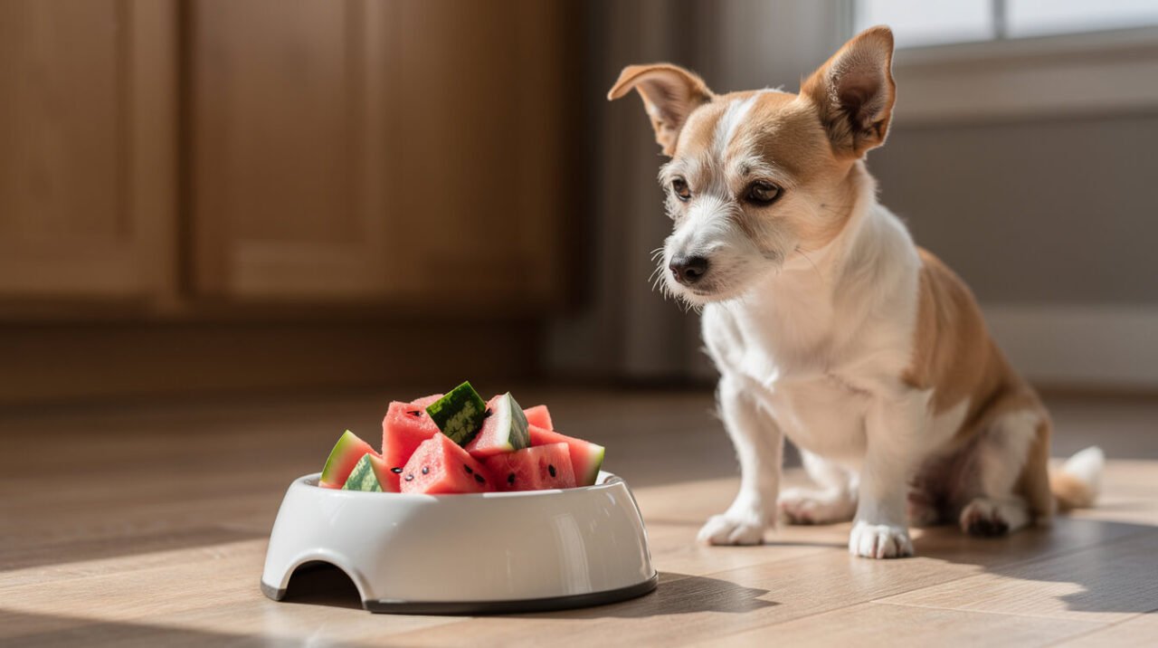 small watermelon cubes portioned in a dog bowl