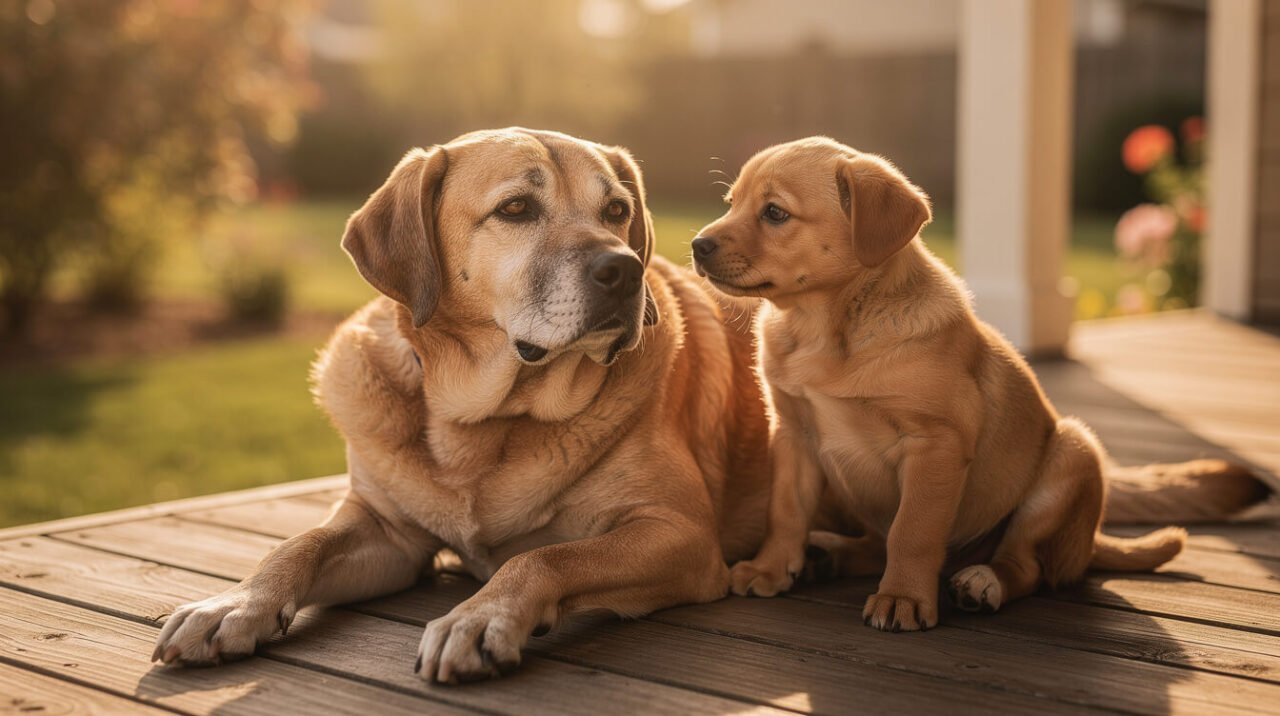 senior dog resting next to a curious puppy