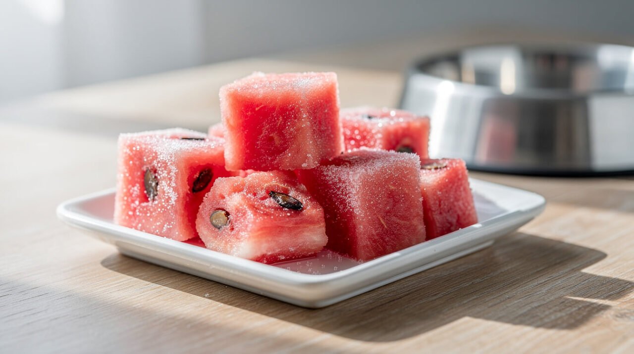 frozen watermelon cubes on a tray