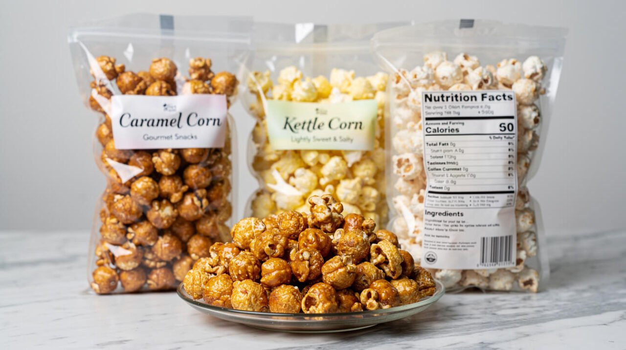 Caramel corn, kettle corn, and a sugar-free popcorn bag turned to show its ingredient label