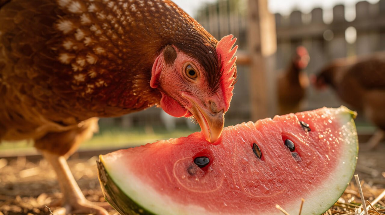 hen eating watermelon on a hot day in a backyard coop