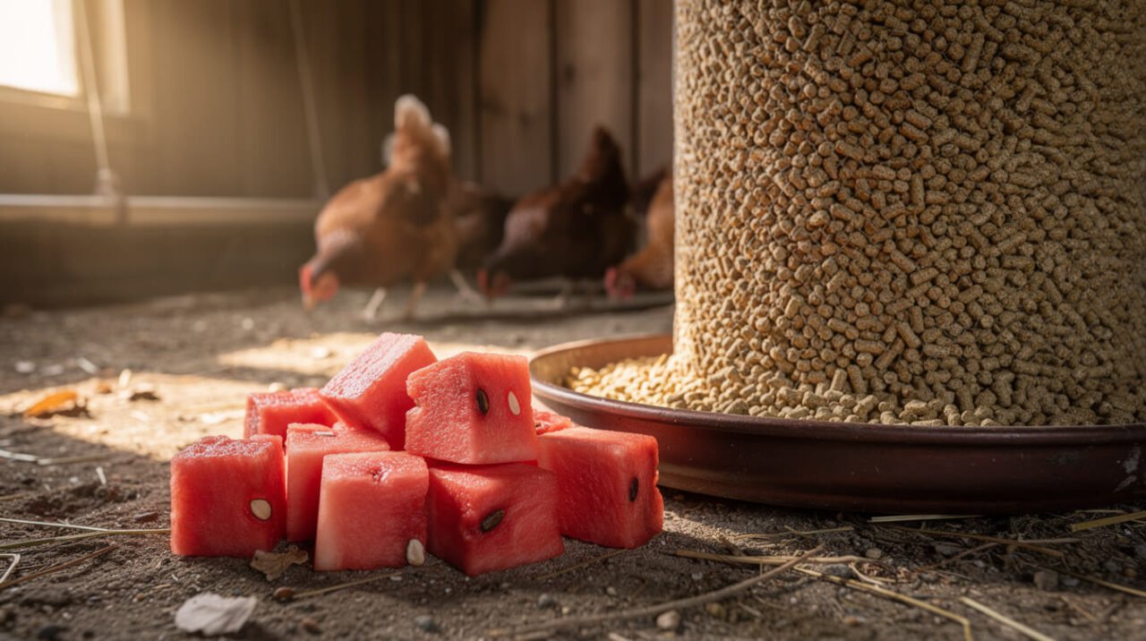 chopped watermelon treats next to a chicken feeder of layer pellets