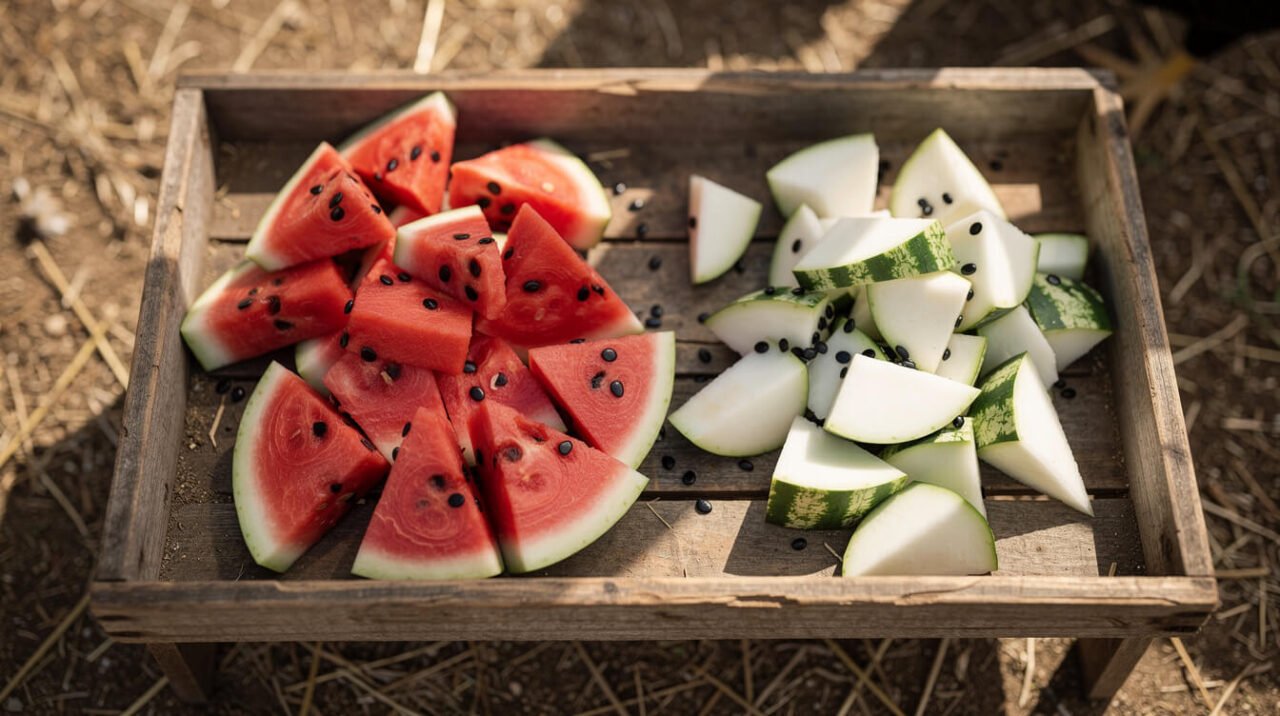 watermelon flesh, seeds, and rind separated on a tray for chickens