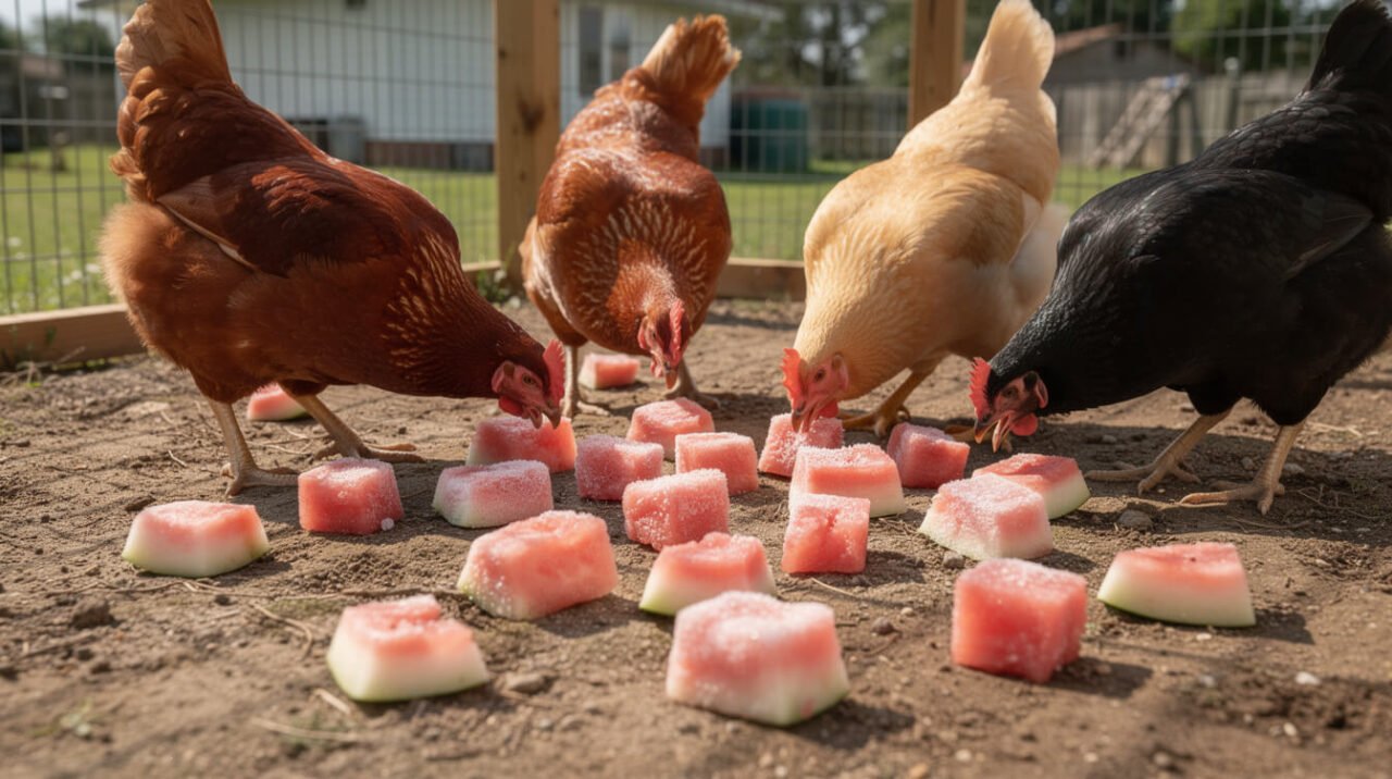 frozen watermelon cubes as enrichment treats for backyard chickens