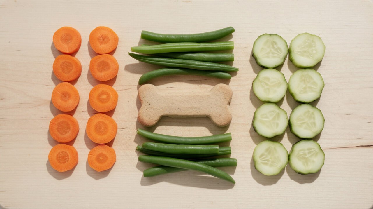 Flat lay of dog-safe crunchy treats: carrot coins, green beans, and cucumber slices on a wooden board