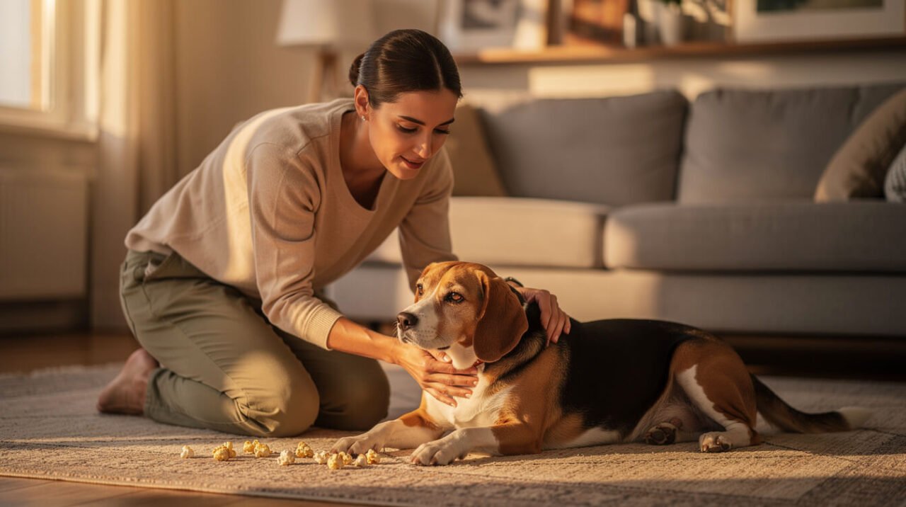 A calm owner kneeling to check on a relaxed beagle beside a few spilled pieces of popcorn