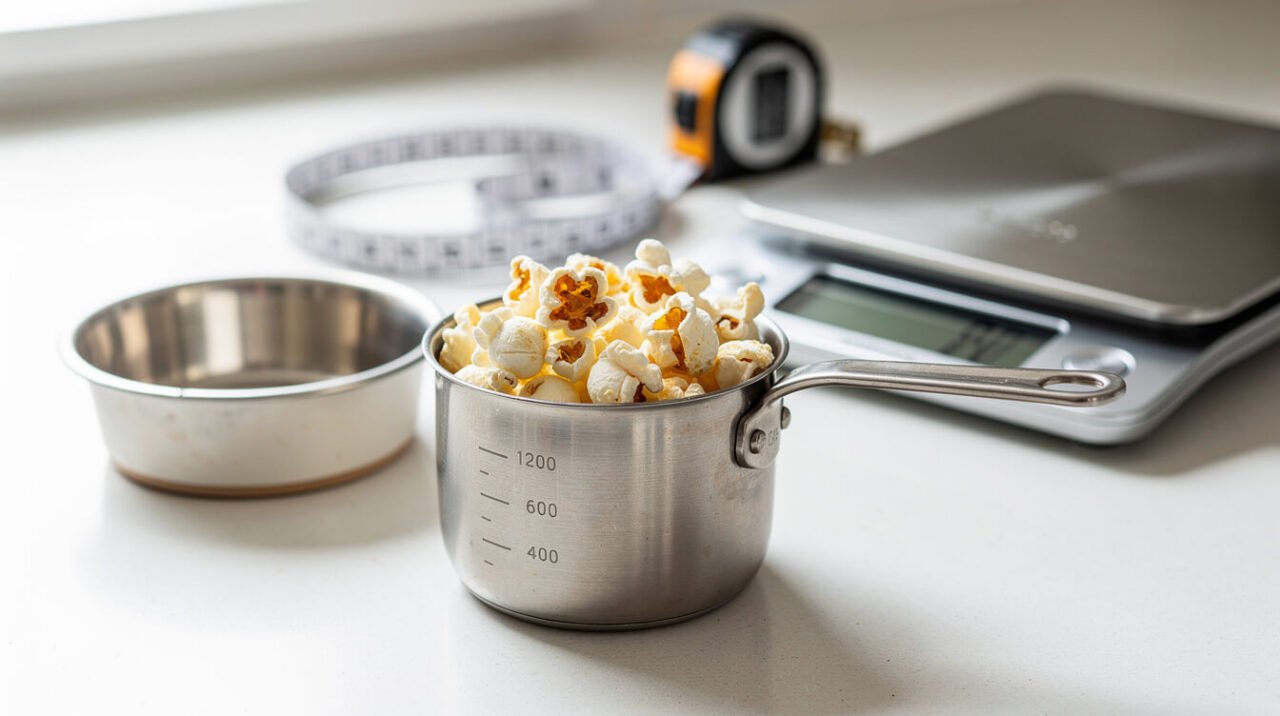 Measuring cup with a small portion of plain popcorn beside a dog bowl on a kitchen counter
